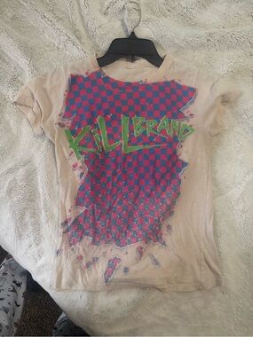Vintage KILL Brand Girls' Short Sleeve Pink Graphic Tee with Blue Checker Print